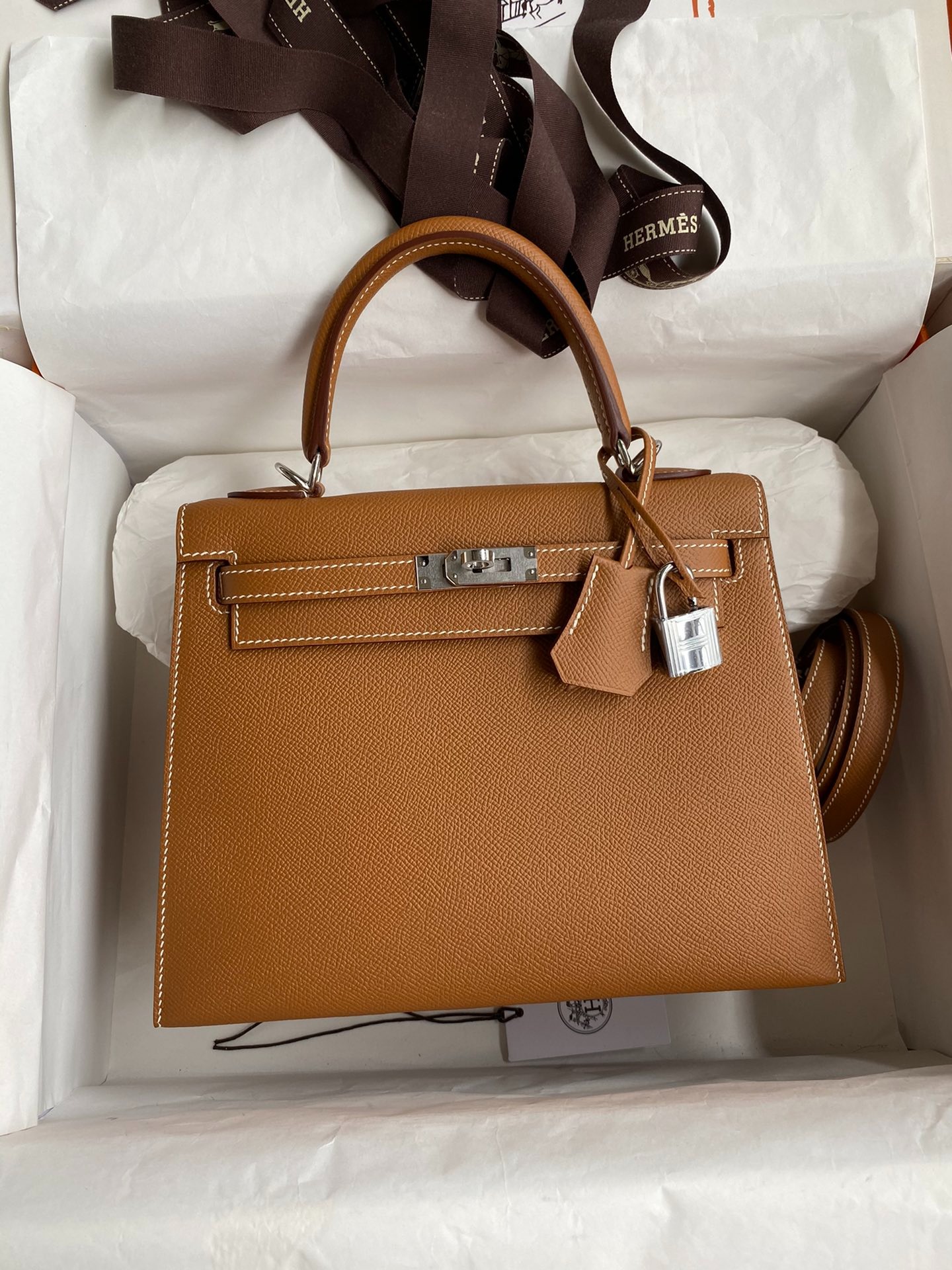 Hermes Kelly 25 Bag In Gold Brown Epsom Leather For Women 25cm/10in