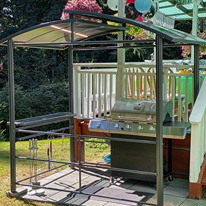 aleko-Steel Hard Top BBQ Gazebo Grill Shelter Canopy with Serving Tables 8 x 5 x 8 Feet Brown