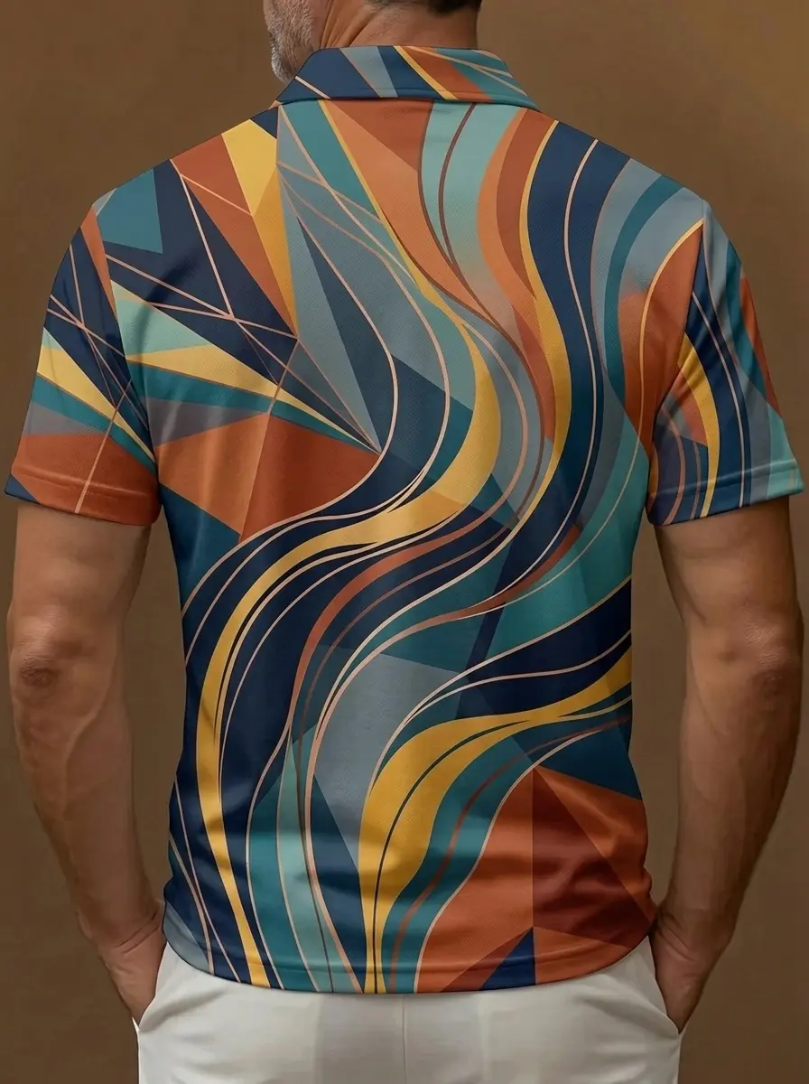 Blue Orange Teal Geometric Swirl Print Short Sleeve Golf Polo Shirt