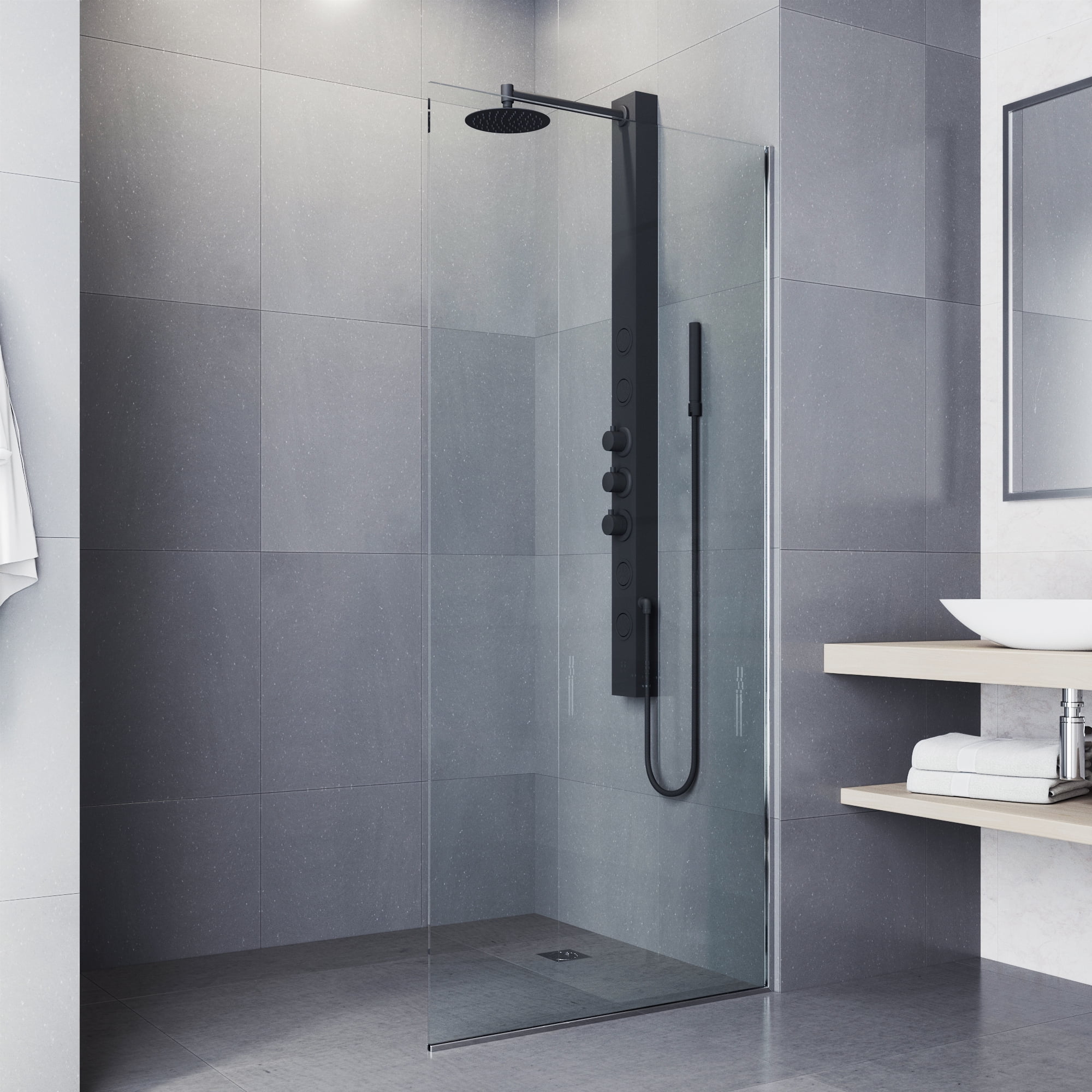 VIGO Sutton 58 in. H x 4 in. W 4-Jet Shower Panel System with Adjustable Round Head and Hand Shower Wand in Matte Black