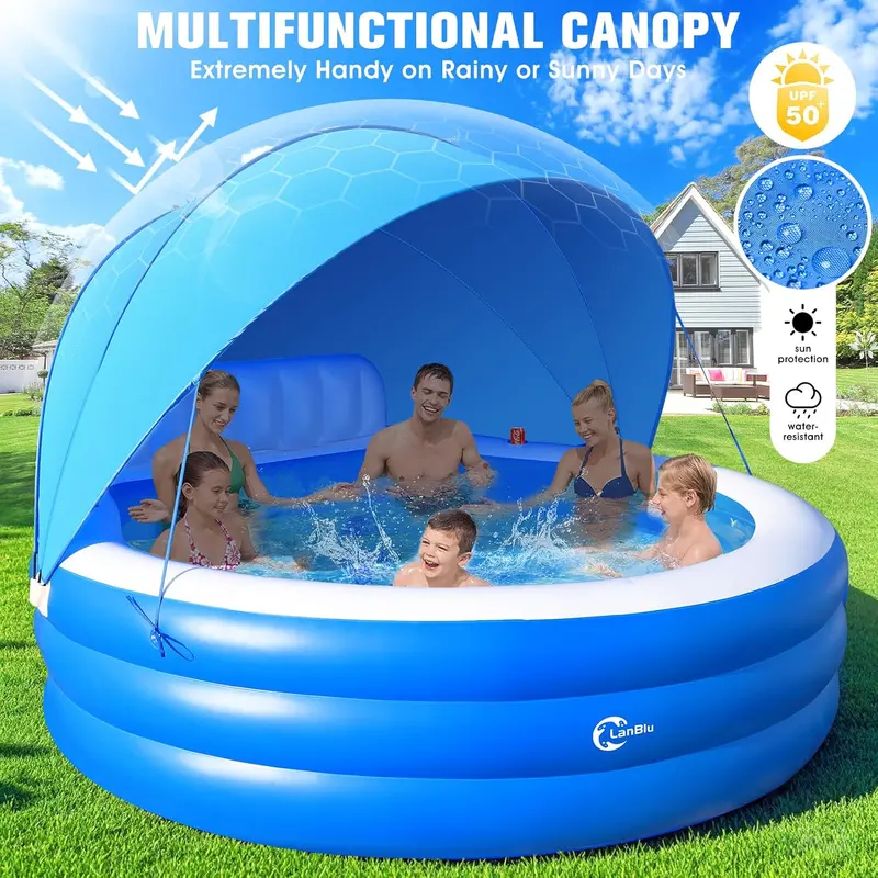 Round Inflatable Lounge Pool with Canopy & Ergonomic Bench – 92″ Diameter Family Swim Center for Backyard Use (Adults & Kids)