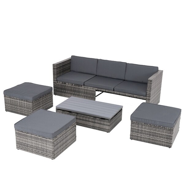 MultiFunctional Patio Sectional Furniture Set,5 Set PE Wicker Lounger Sofa Set with Adjustable Seat and Lift Coffee Table