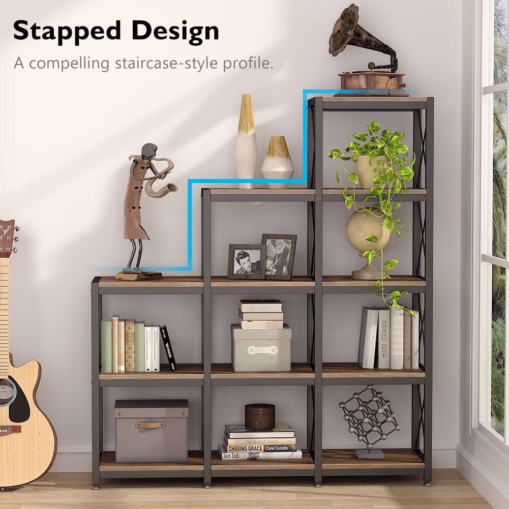 Tribesigns 12 Shelves Bookshelf, Industrial Ladder Corner Bookshelf 9 Cubes Stepped Etagere Bookcase, Rustic 5-Tier Display Shel