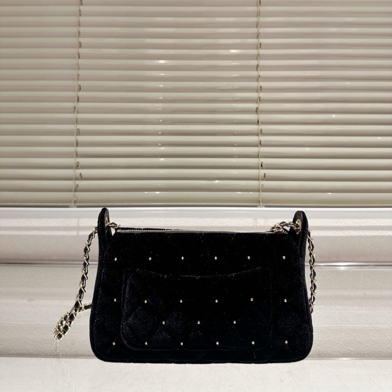 Chanel Velvet Crystal Quilted Chain Hobo Bag In Black 8.7 Inches AP4861 B17652 93405