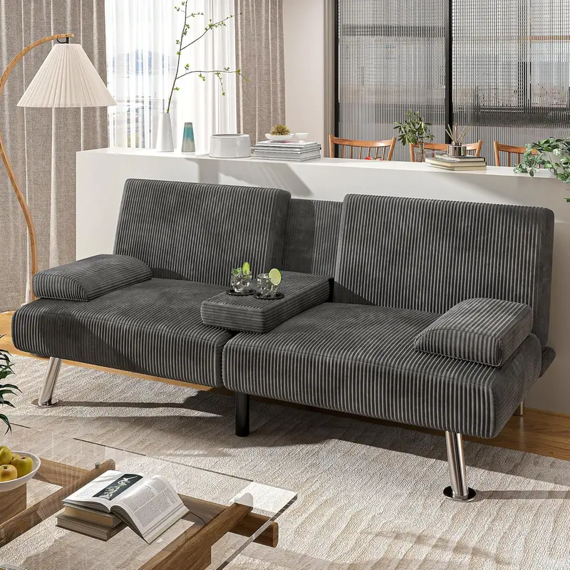 Shahoo Linen Upholstered Folding Futon – Modern Sofa Bed with Detachable Armrests