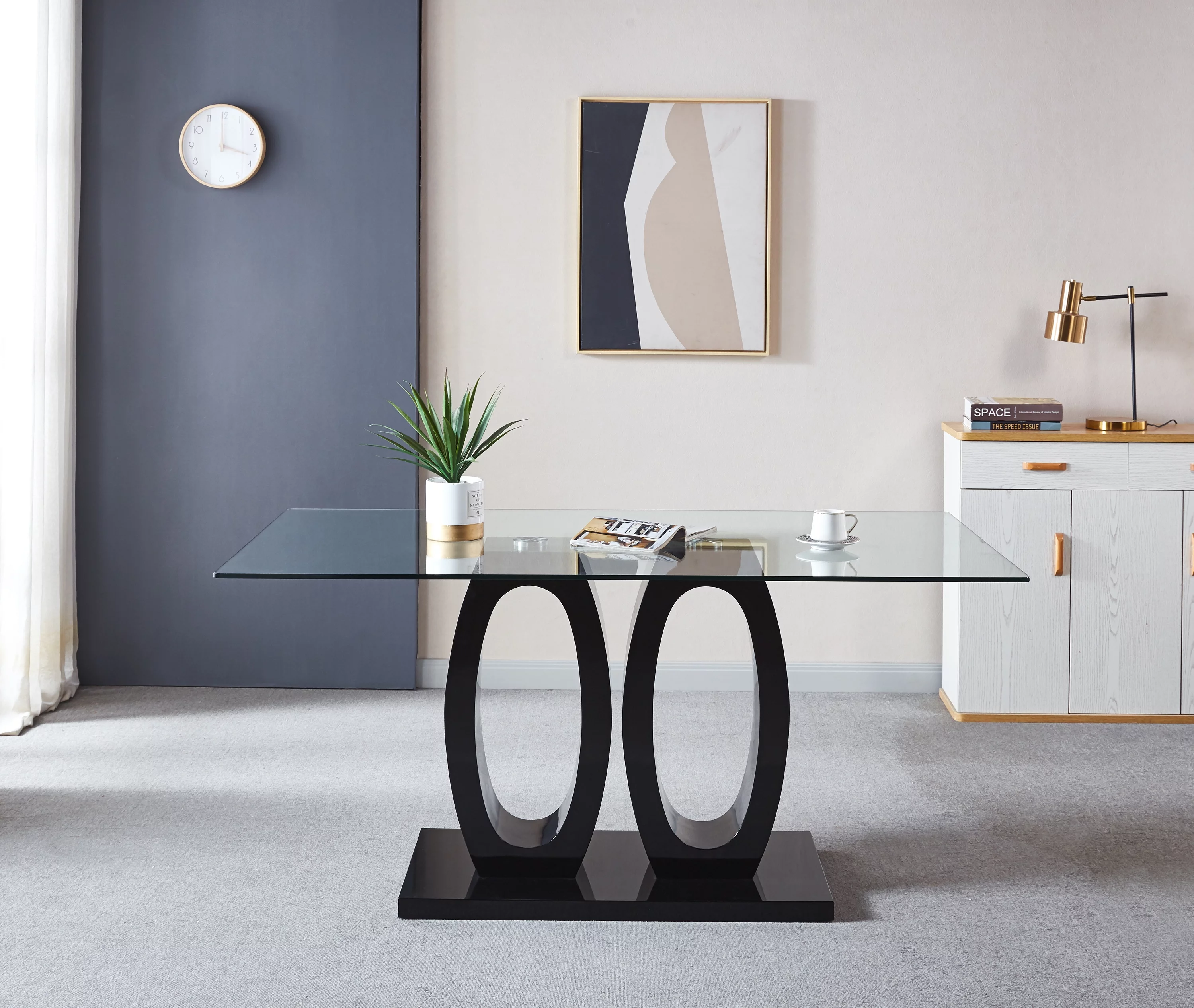MAICOSY Contemporary Tempered Glass Top Double Pedestal Dining Table - Black