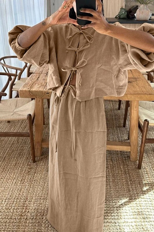 Puff Sleeve Lace-Up Maxi Skirt SetClistos