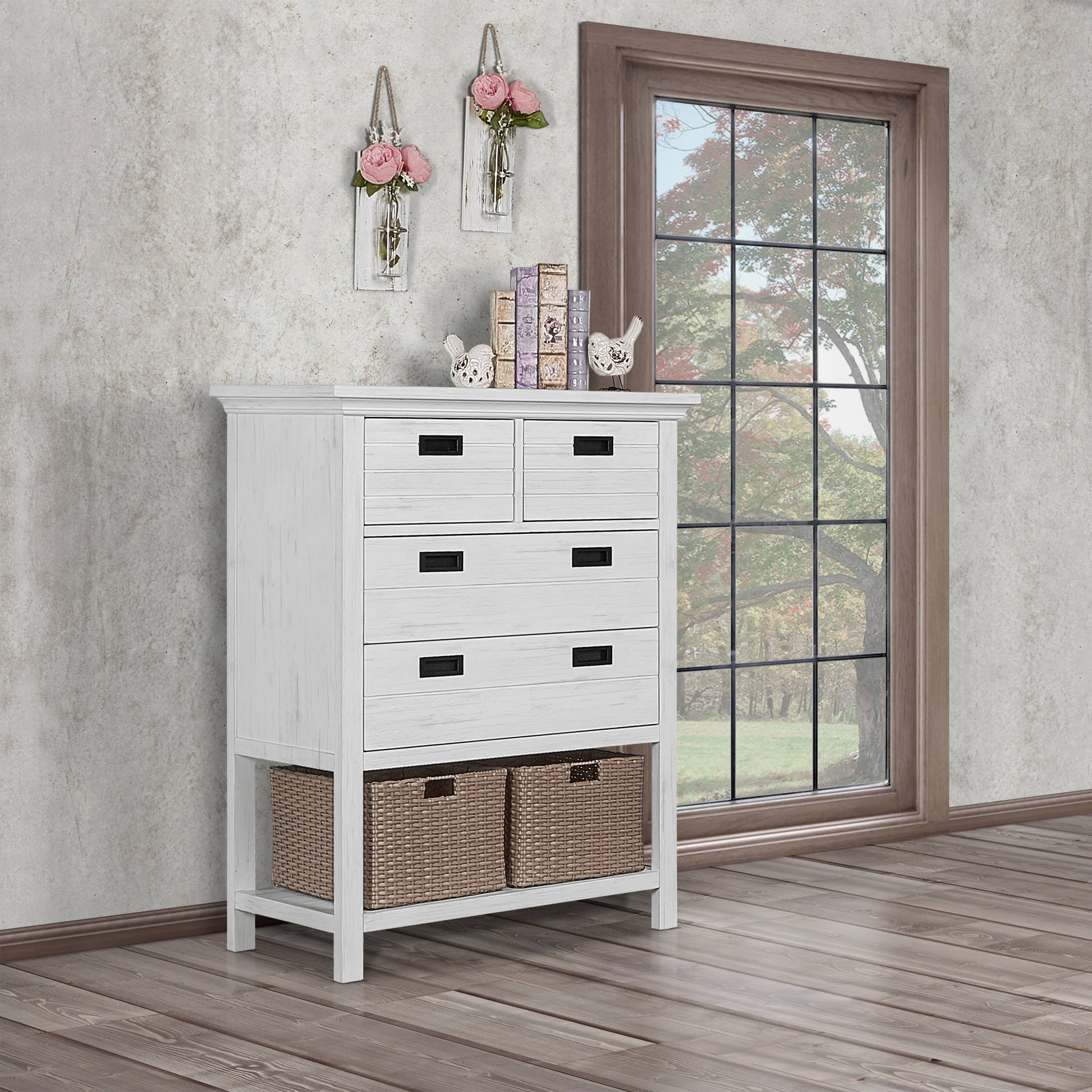 Evolur Waverly Tall Chest with Baskets - Weathered White