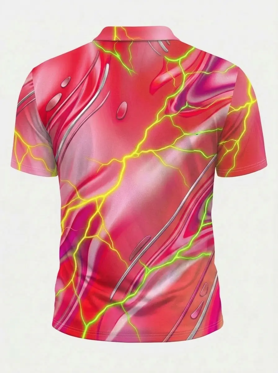 Moisture Wicking Golf Polo 3D Red Purple Green Lightning Print Button Short Sleeve Golf Polo Shirt