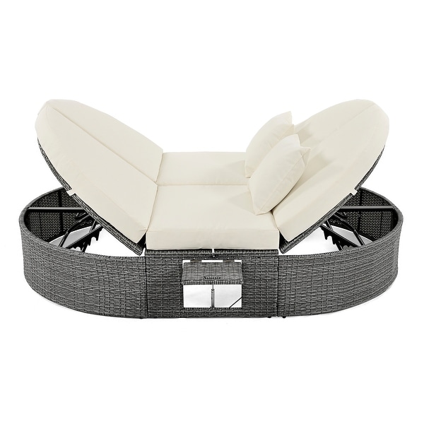 2Person Rattan Garden Reclining Chaise Lounge Daybed with Cup Trays