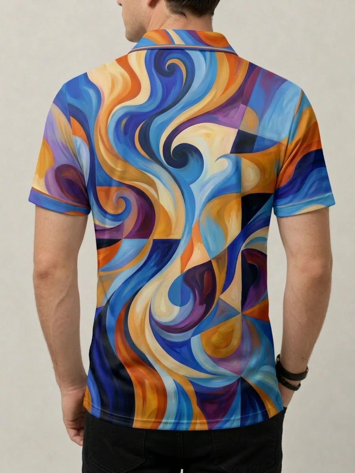 Multicolor Swirl Abstract Print Short Sleeve Golf Polo Shirt