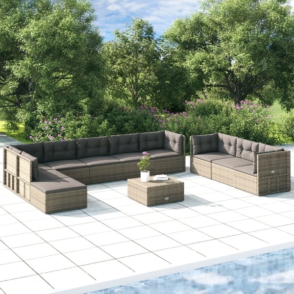 vidaXL 9 Piece Patio Lounge Set with Cushions Gray Poly Rattan