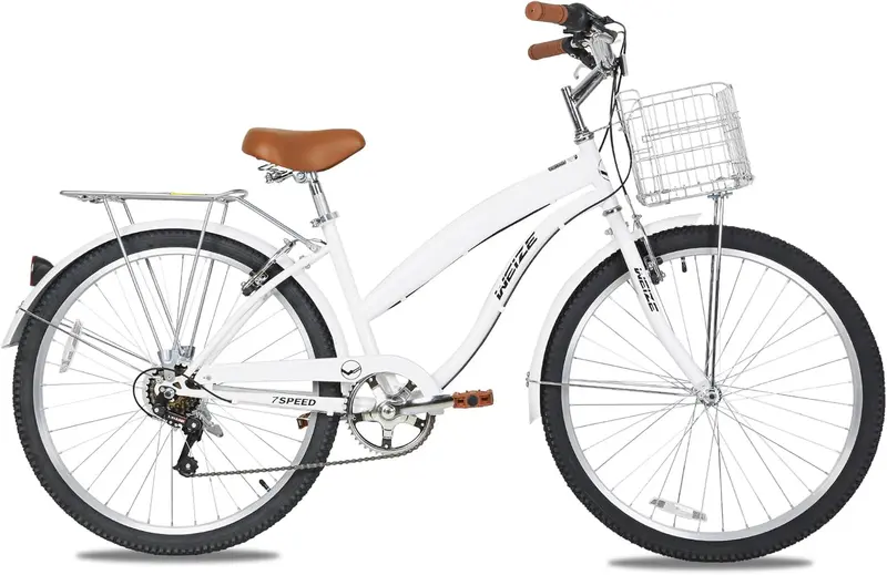 WEIZE 26″ Beach Cruiser Bike – 7-Speed Commuter Bicycle with Fenders, Rear Rack, Ergonomic Upright Posture