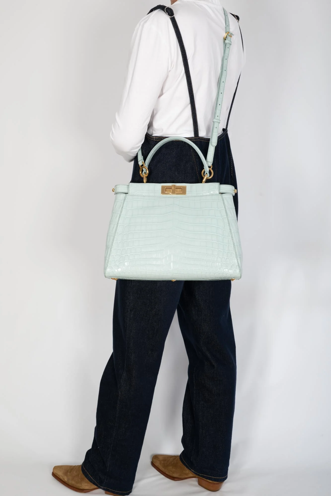 Fendi Peekaboo Medium Pale Blue Crocodile Soft Gold Hardware