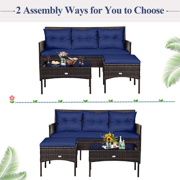 Costway 3PCS Patio Rattan Furniture Set 3Seat Sofa Cushioned Table