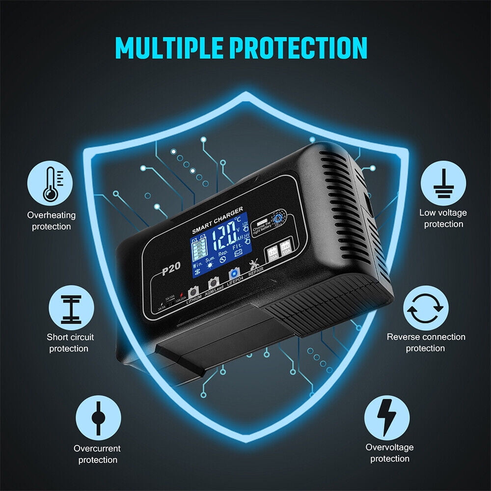 JLLOM 20-Amp Smart Battery Charger,12V-24V Lithium Lifepo4 Lead-Acid(AGM/Gel/SLA) Car Battery Charger Trickle Charger Maintainer Pulse Repair Charger for Car Boat Motorcycle Lawn Mower