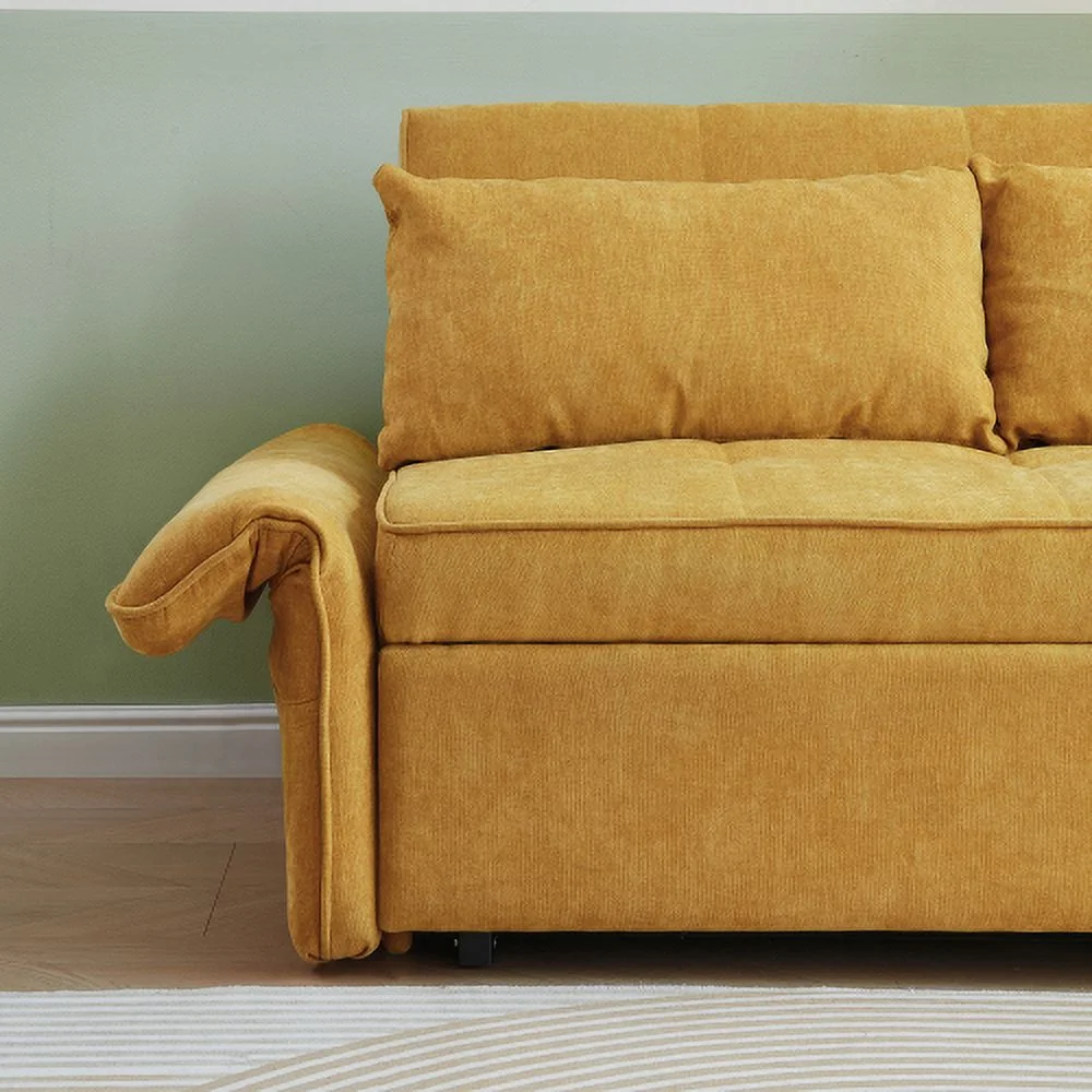 Chenille Fabric Pull-Out Sofa Bed,Sleeper Loveseat Couch With Adjustable Armrests-Yellow