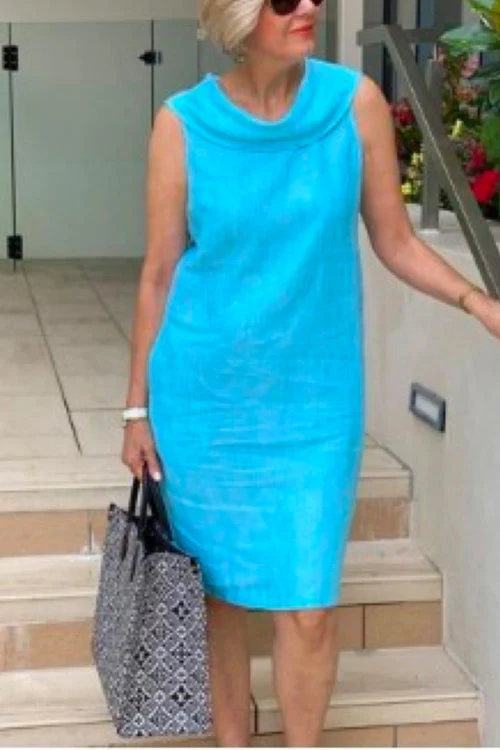 Cotton Linen Cowl Neck Sleeveless Shift DressClistos