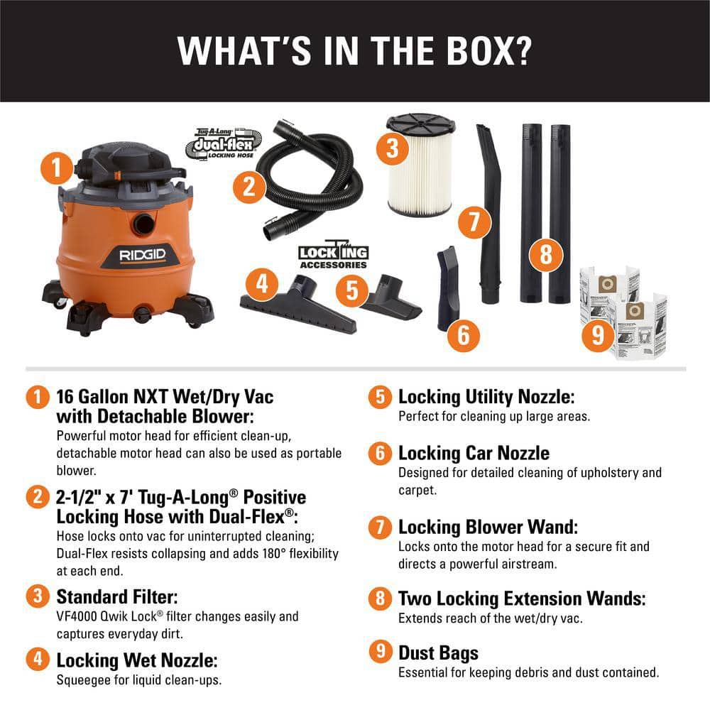 16 Gallon 6.5 Peak HP NXT Wet/Dry Shop Vacuum with Detachable Blower, Filter, Dust Bags, Locking Hose and Accessories HD1600B