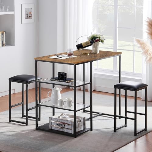 VECELO Kitchen Dining Table and Chairs Set for 4, Padded Seat & Glasses Tabletop, Space Saving, Matte Black