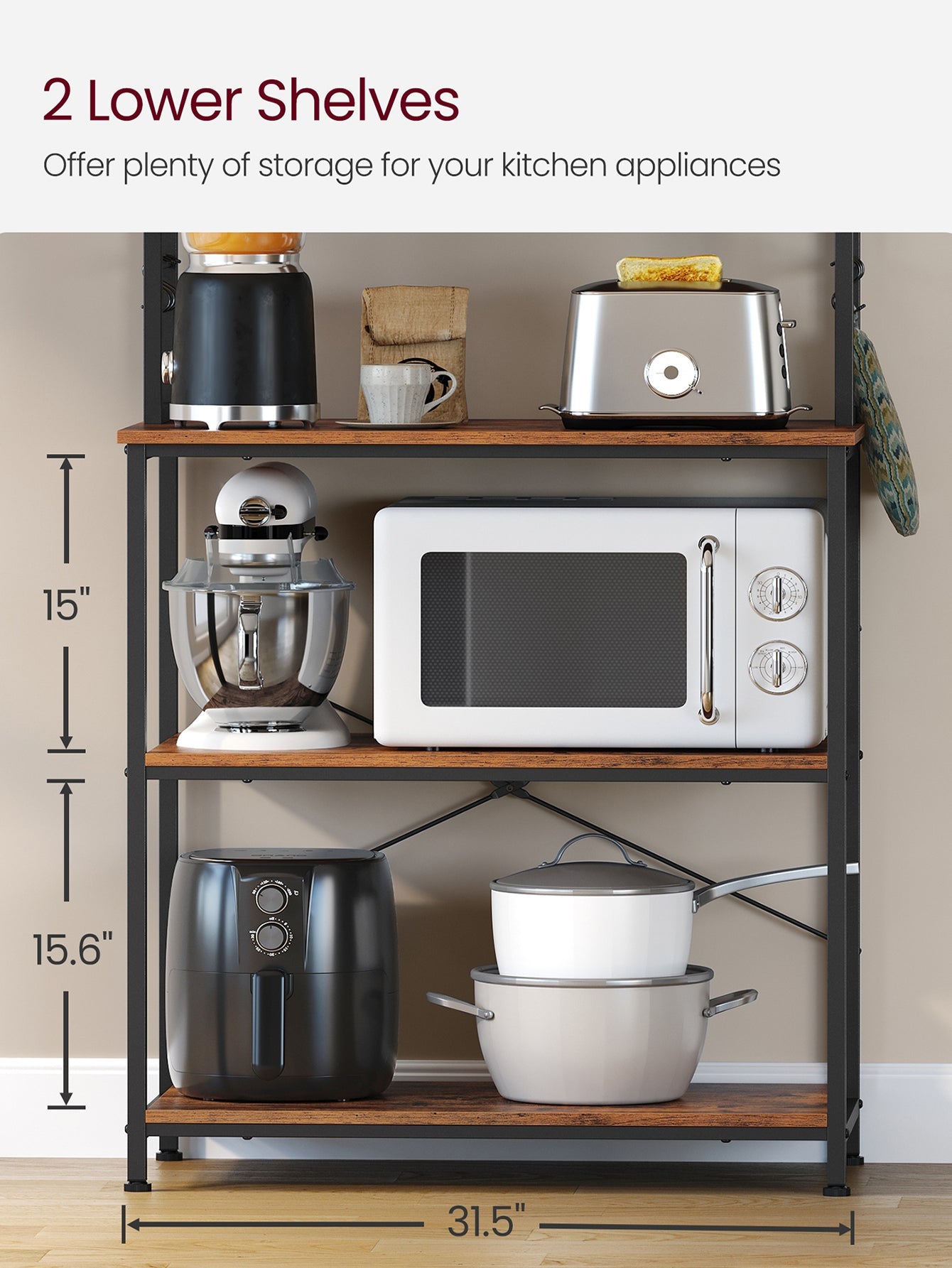 VASAGLE Baker’s Rack, Microwave Oven Stand, Rustic Brown and Black