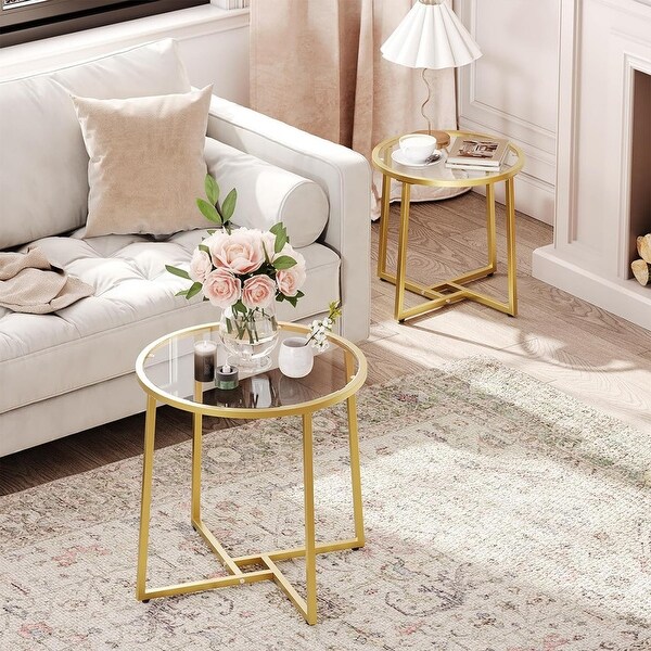 Coffee Table Set of 2,Gold End Table with Glass Top,Round Table