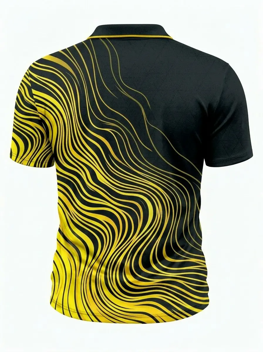 Moisture Wicking Golf Polo 3D Black Yellow Wave Stripe Button Short Sleeve Golf Polo Shirt