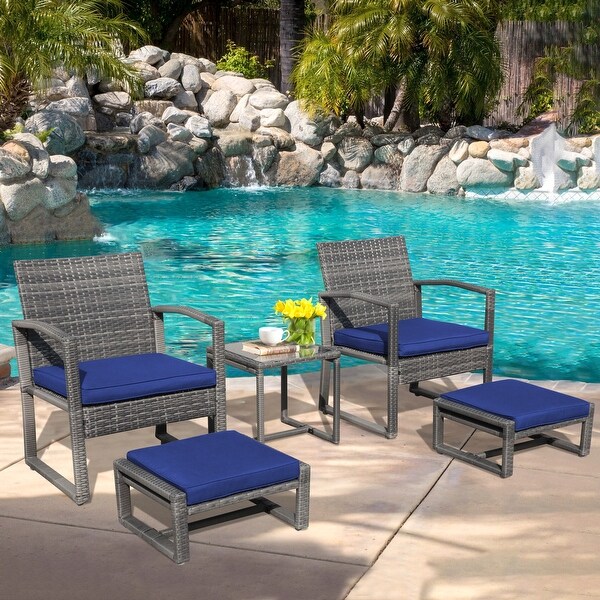 5Piece Patio Wicker Chat Set with Armchairs,Ottomans and Side Table