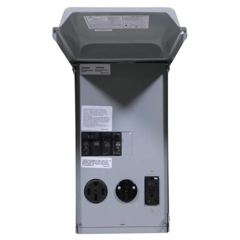 Weatherproof RV Power Distribution Panel – Dual 50A/30A Inlets, 20A GFCI Outlet, NEMA 3R Rated Enclosure