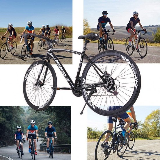Aluminum Road Bike, 21 Speed Disc Brakes Aluminum Frame Road Bicycles Full Suspension Road Bike, 700c Dual Disk Brake Quick Release Racing Bicycles (Blue/White)