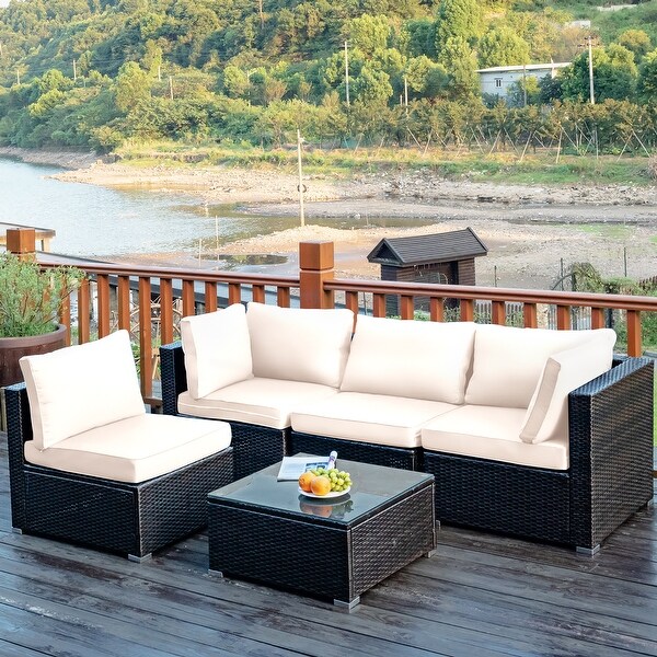 Costway 5PCS Patio Rattan Furniture Set Cushioned Sofa and Chair Coffee