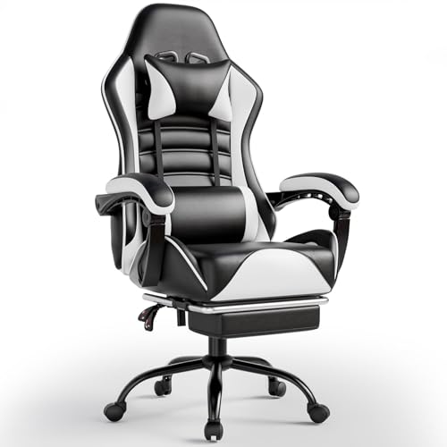 Ergonomic Gaming Chair with Footrest, PU Leather Video Game Chairs for Adults, Reclining Gamer Chair Office Chair with Lumbar Support, Comfortable Computer Chair for Heavy People, Blue