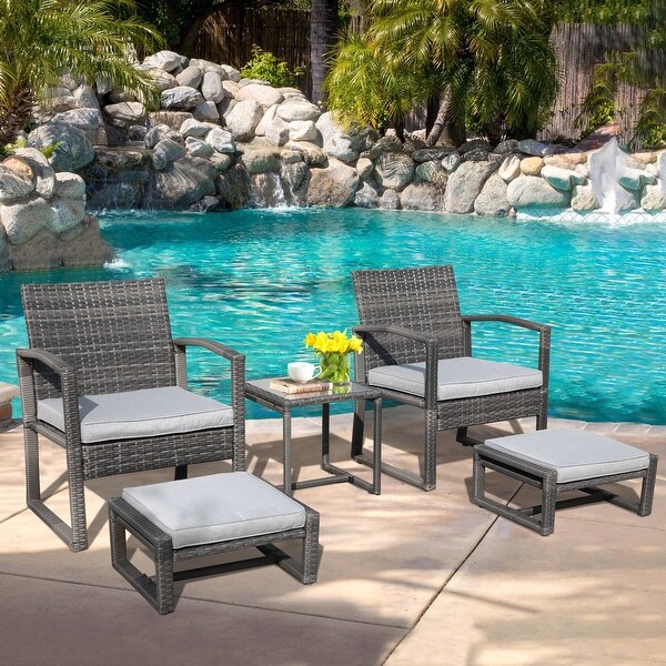 5Piece Patio Wicker Chat Set with Armchairs,Ottomans and Side Table