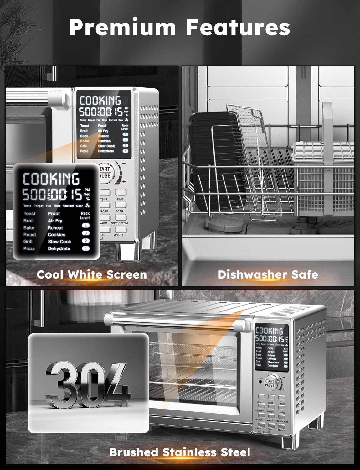 30QT 12-in-1 Air Fryer Grill Oven, 2025 Ultra-Fast Convection, 142 Presets, Smart Probe, PFAS-Free, Brushed Stainless Steel