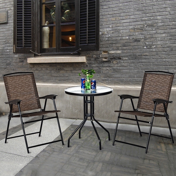 Costway 3PC Bistro Patio Garden Furniture Set 2 Folding Chairs Glass