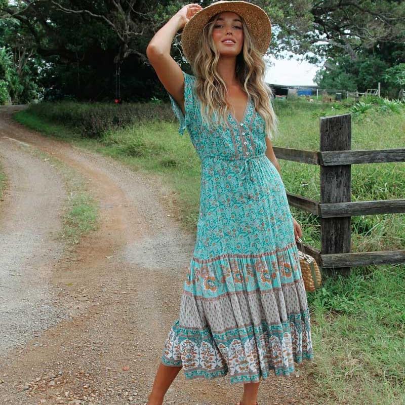 Boho Floral Maxi Dress - Tiered A-Line V-NeckClistos