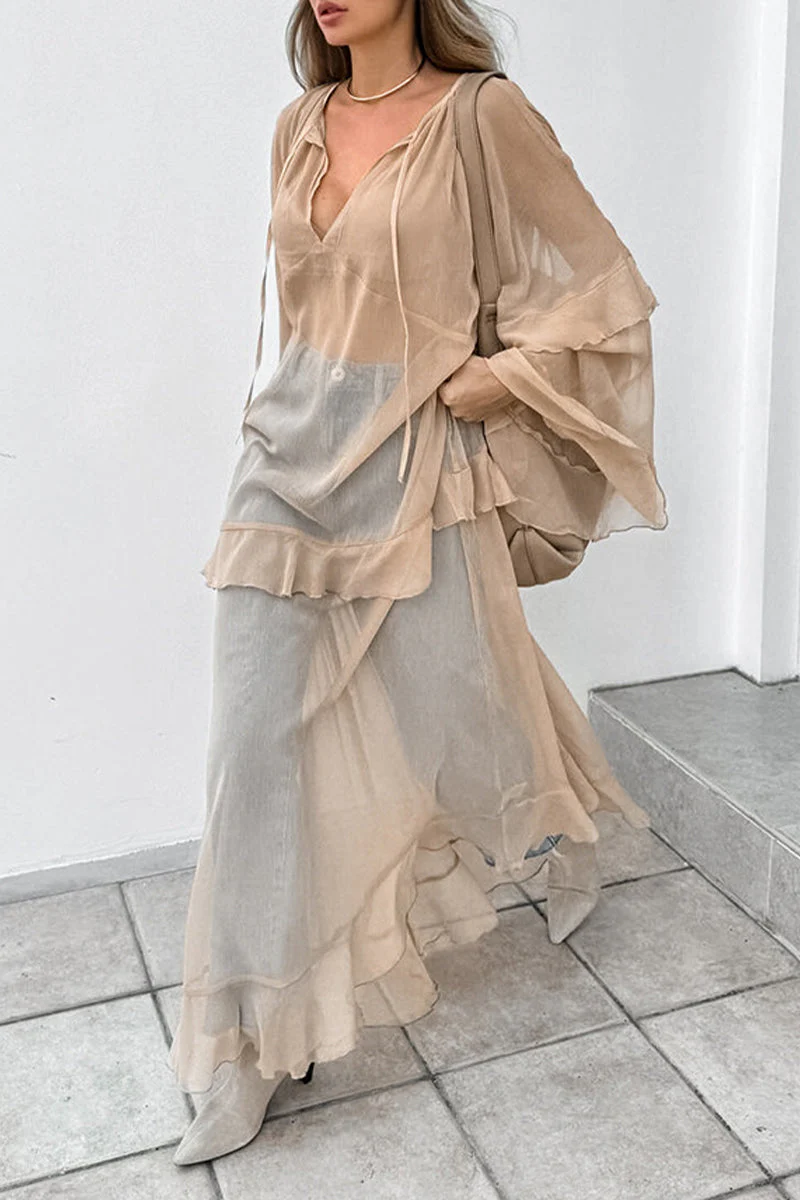 Sheer Ruffle Maxi Dress | Flowy V-Neck Chiffon GownClistos