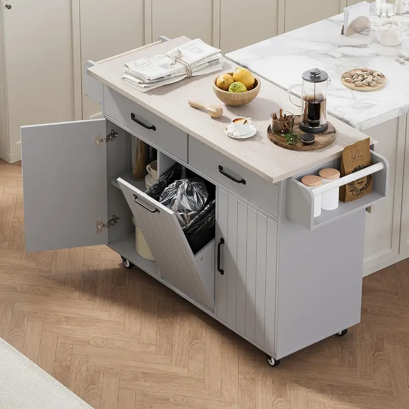 White Rolling Kitchen Island – Foldable Trolley with Trash Bin Compartment, Towel Rack, Drawers & Adjustable Shelves