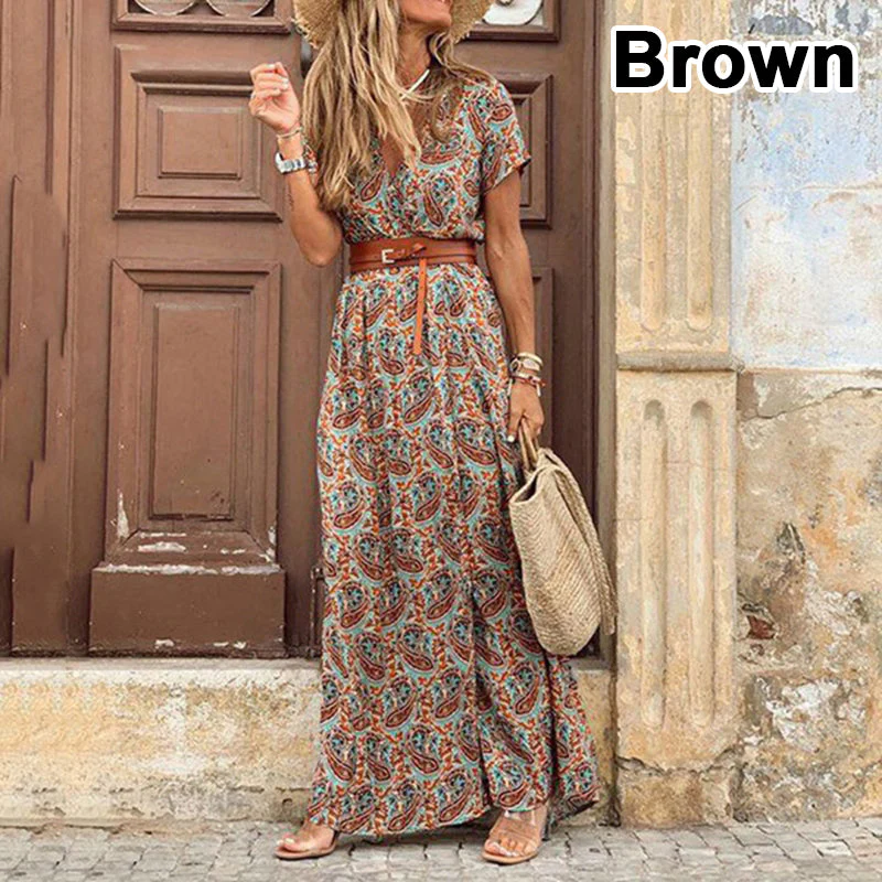 Boho Paisley Maxi Dress with V-Neck & SlitClistos
