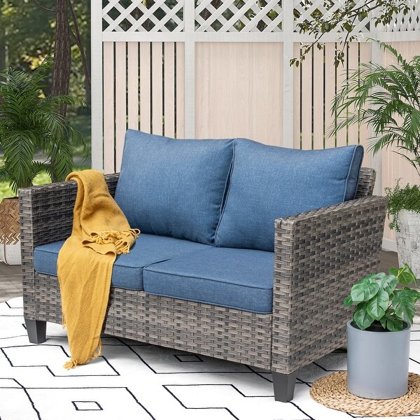 OVIOS Patio Outdoor Highback Grey Wicker Loveseat