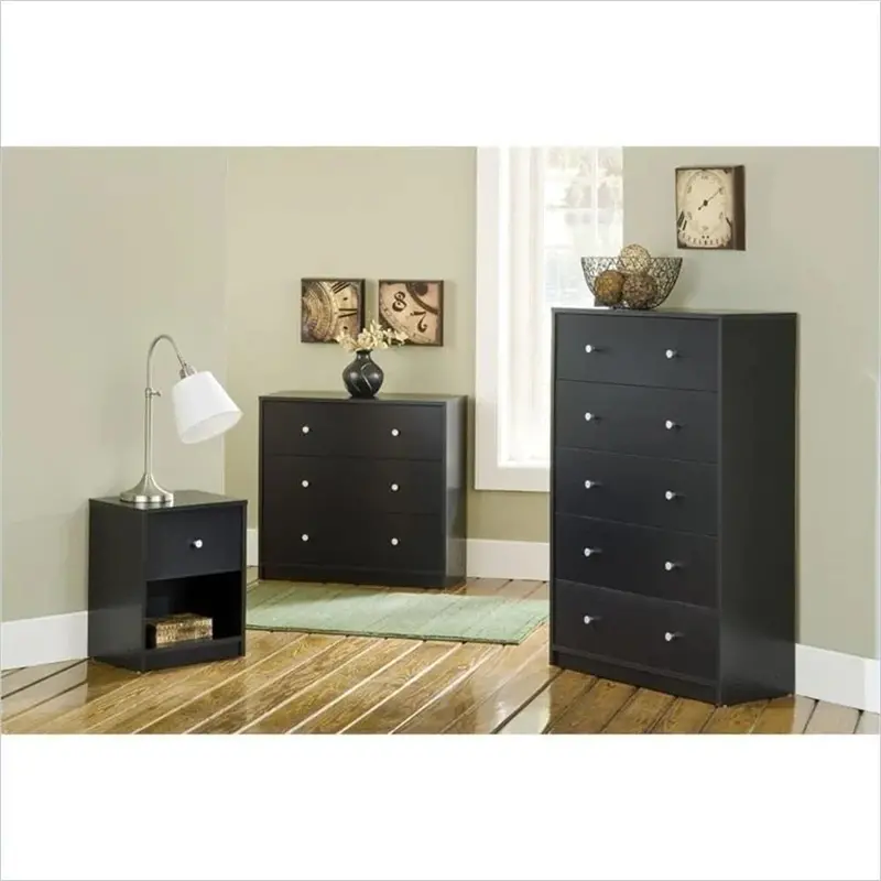 Scandinavian-Style Bedroom Furniture Set – Engineered Wood 3-Piece Collection with Chest, Dresser, and Nightstand in Black