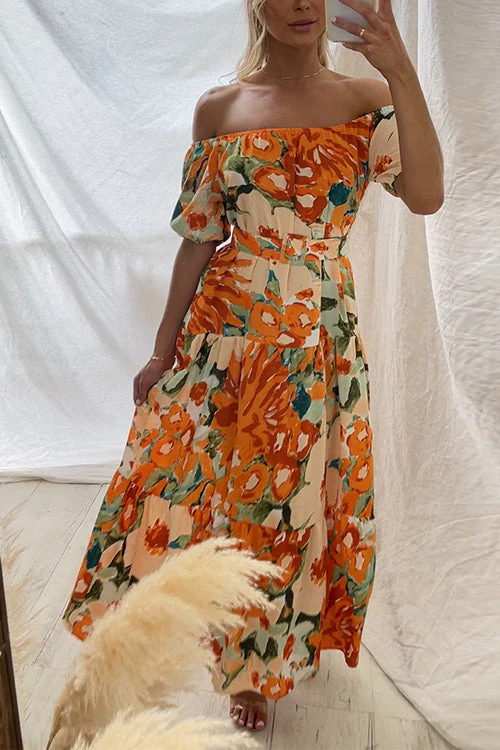 Off Shoulder Ruffle Maxi Dress with BeltClistos