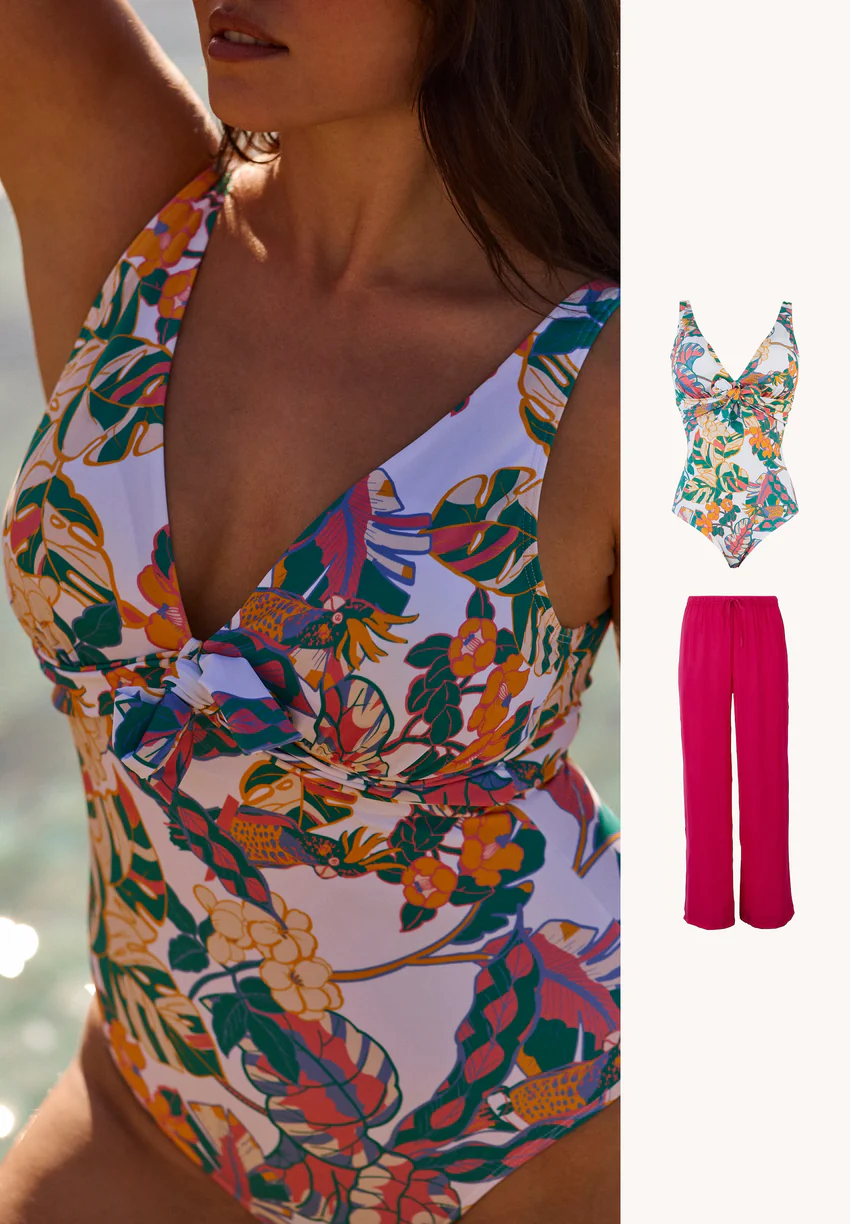 Ensemble maillot 1 pièce Fidji blanc et pantalon de plage rose