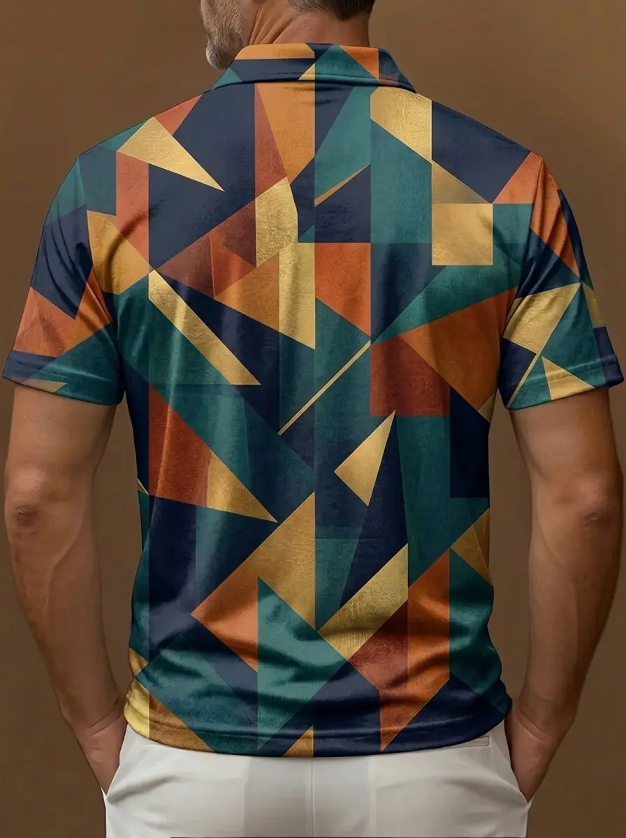 Teal Gold Orange Geometric Block Print Short Sleeve Golf Polo Shirt