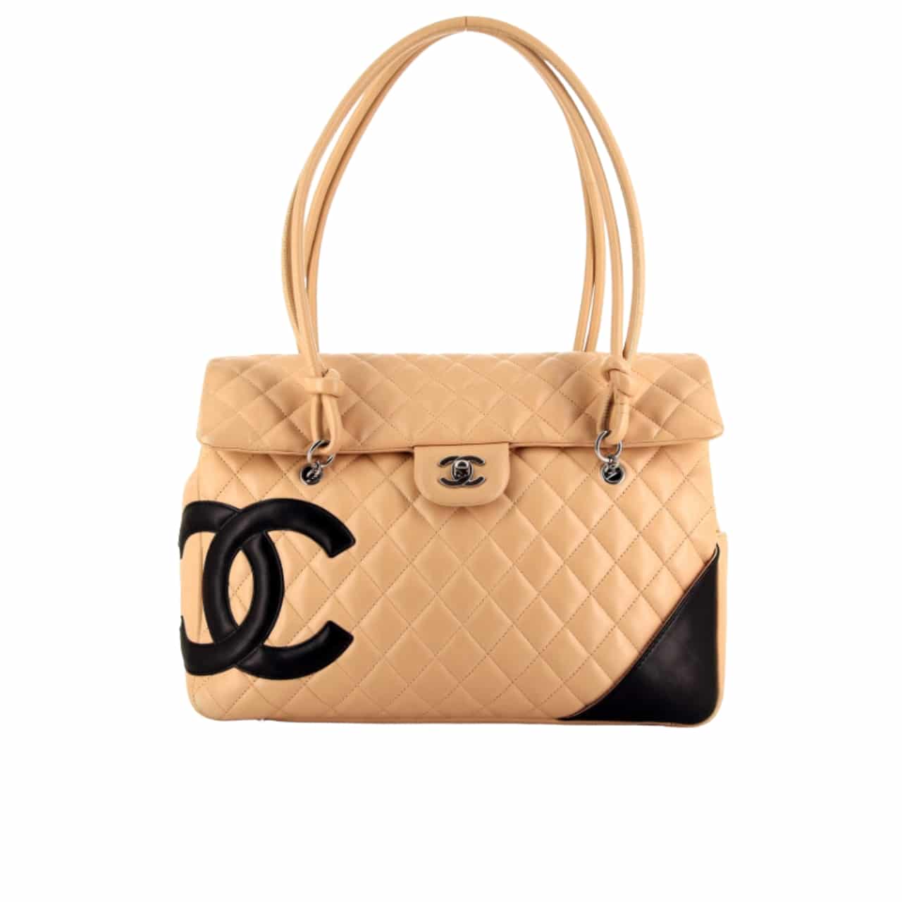 Chanel Cambon Shopping Bag Quilted Leather In Beige And Black 36Cm