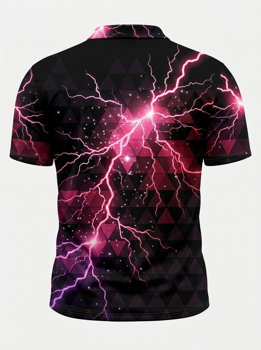 Moisture Wicking Golf Polo 3D Pink Purple Lightning Button Short Sleeve Golf Polo Shirt