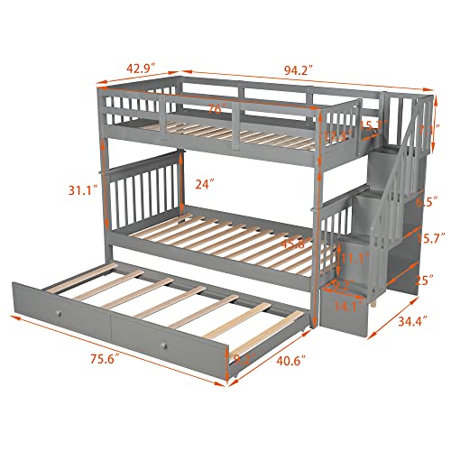 Harper & Bright Designs Twin Over Twin Bunk Bed with Stairs and Trundle, Solid Wood Stairway Bunk Bed Frame with Storage, for Kids Teens Adults – White