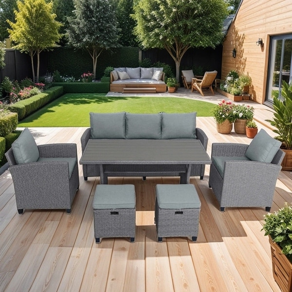6Piece Outdoor Rattan Conversation Sets with Dining Table,Patio Wicker 3Seat Sofa ArmChair and Stools for Garden,Grey