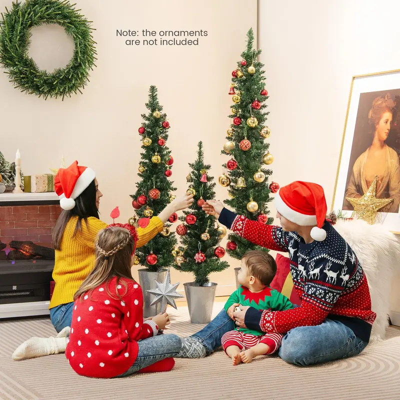 Three-Tier Slim Artificial Christmas Tree Set – 3′, 4′, 5′ Pencil Styles in Metal Buckets