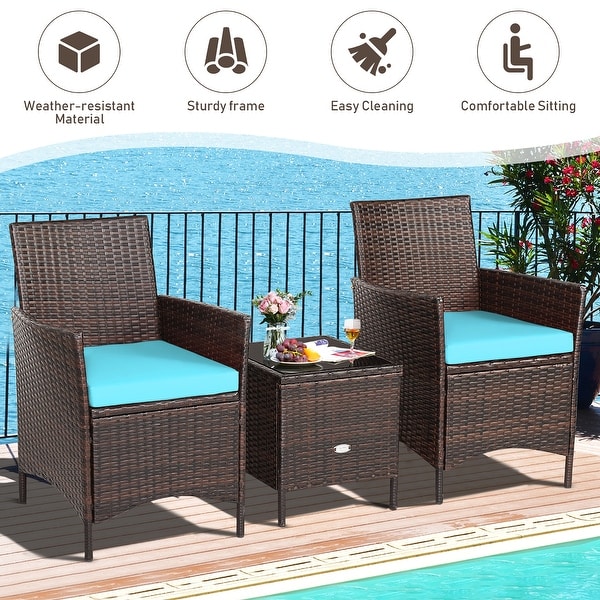 Costway 3PCS Patio Rattan Furniture Set Cushioned Sofa Glass Tabletop